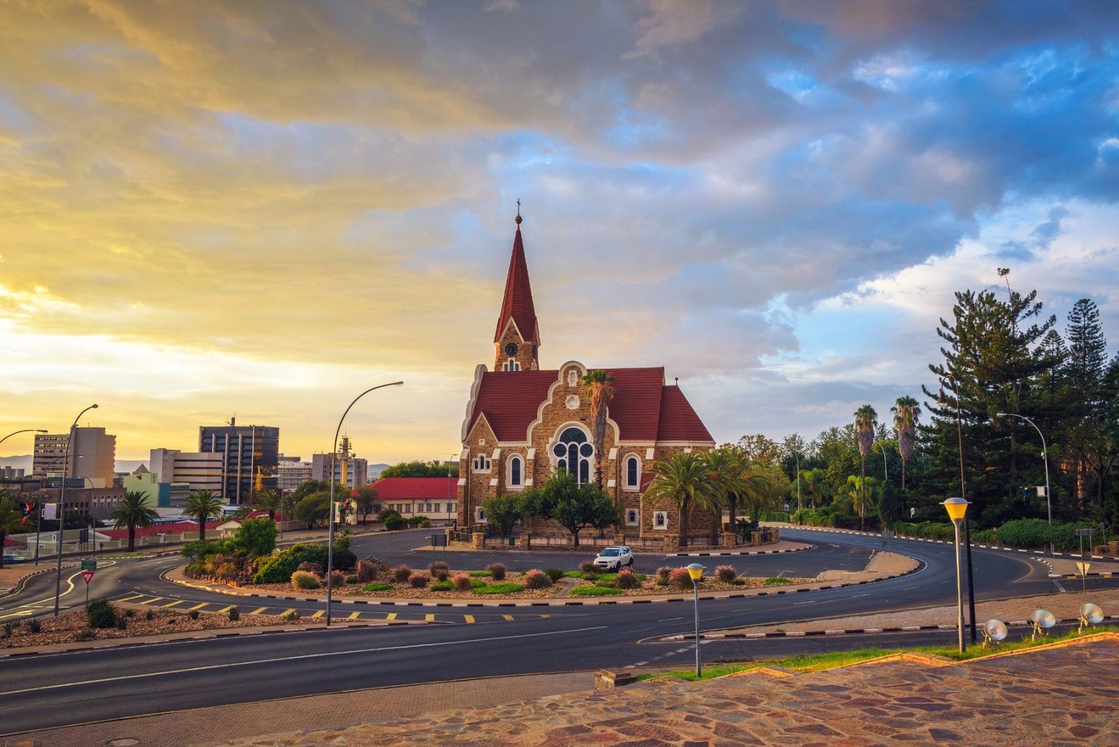 Christuskirche and the Windhoek skyline at sunrise